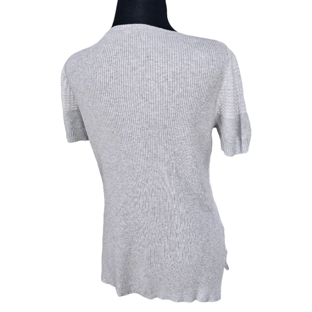 OST Cotton Pointelle Knit Gray White Short Sleeve Split Hem Light Boho Sweater